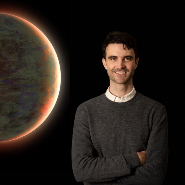 the research Dr Tom Evans-Soma is positioned front of the frame, smiling at the camera. Superimposed against a black background is an artist impression of the planet, a round sphere. Astronomers gain unprecedented insight into the formation of a planet 850 lightyears away